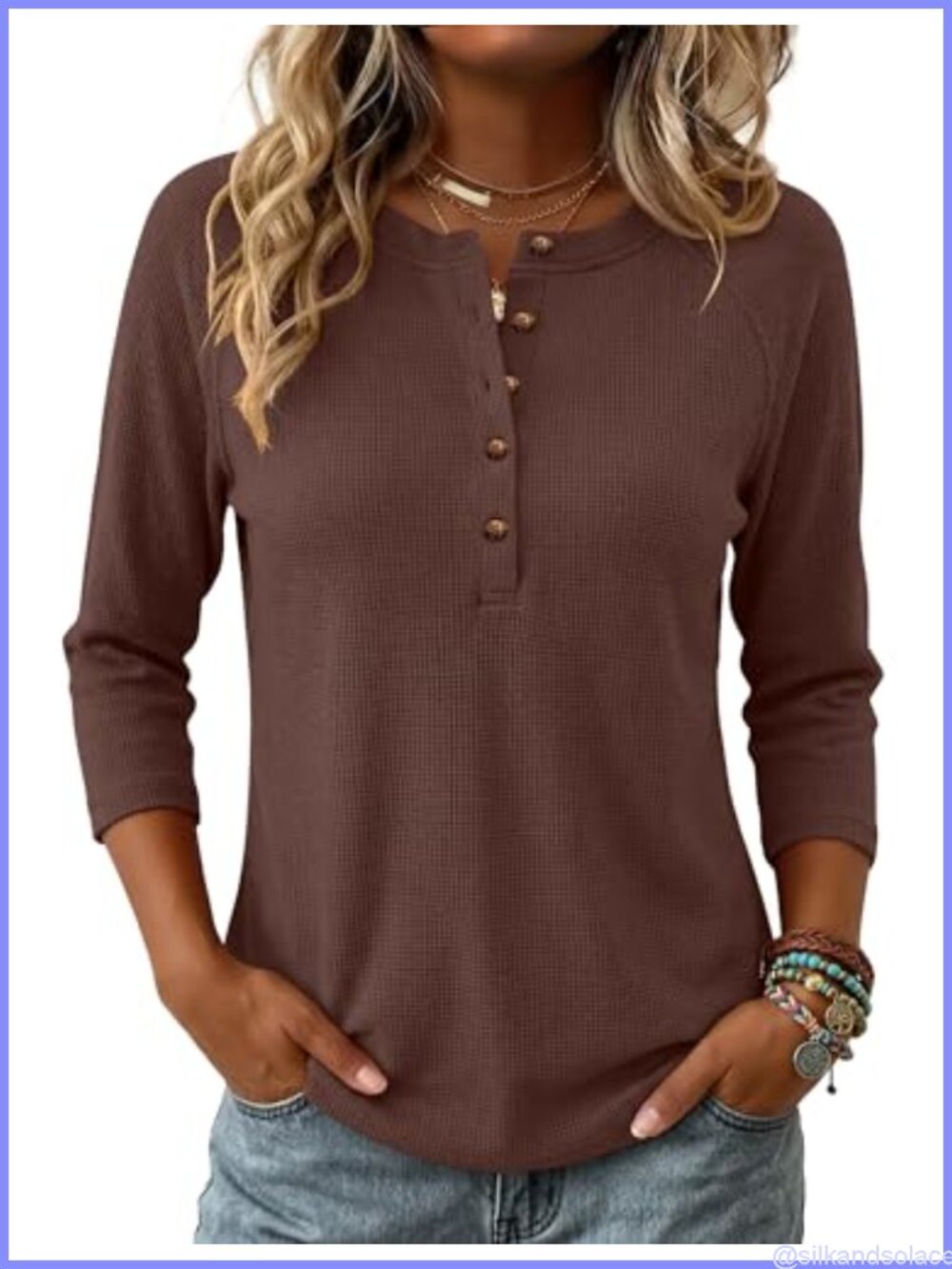 Waffle Knit Henley Shirt 3/4 Sleeve Button Up Loose Fit Casual